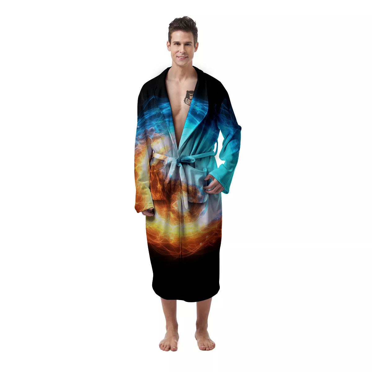 Ice And Fire Sparkle Yin Yang Print Men's Robe-grizzshop