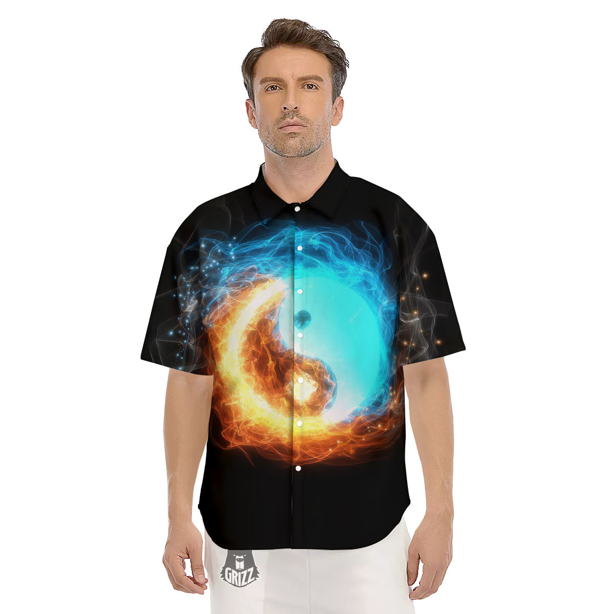 Ice And Fire Sparkle Yin Yang Print Men's Short Sleeve Shirts-grizzshop