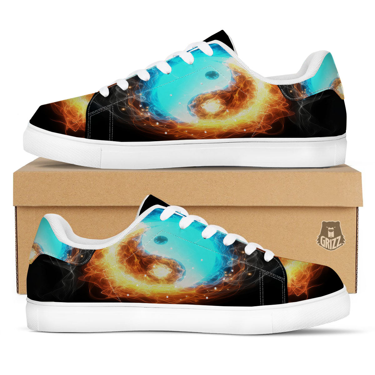 Ice And Fire Sparkle Yin Yang Print White Low Top Sneakers-grizzshop