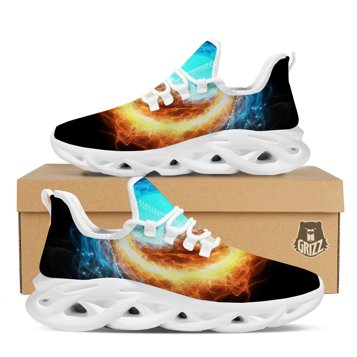 Ice And Fire Sparkle Yin Yang Print White Running Shoes-grizzshop