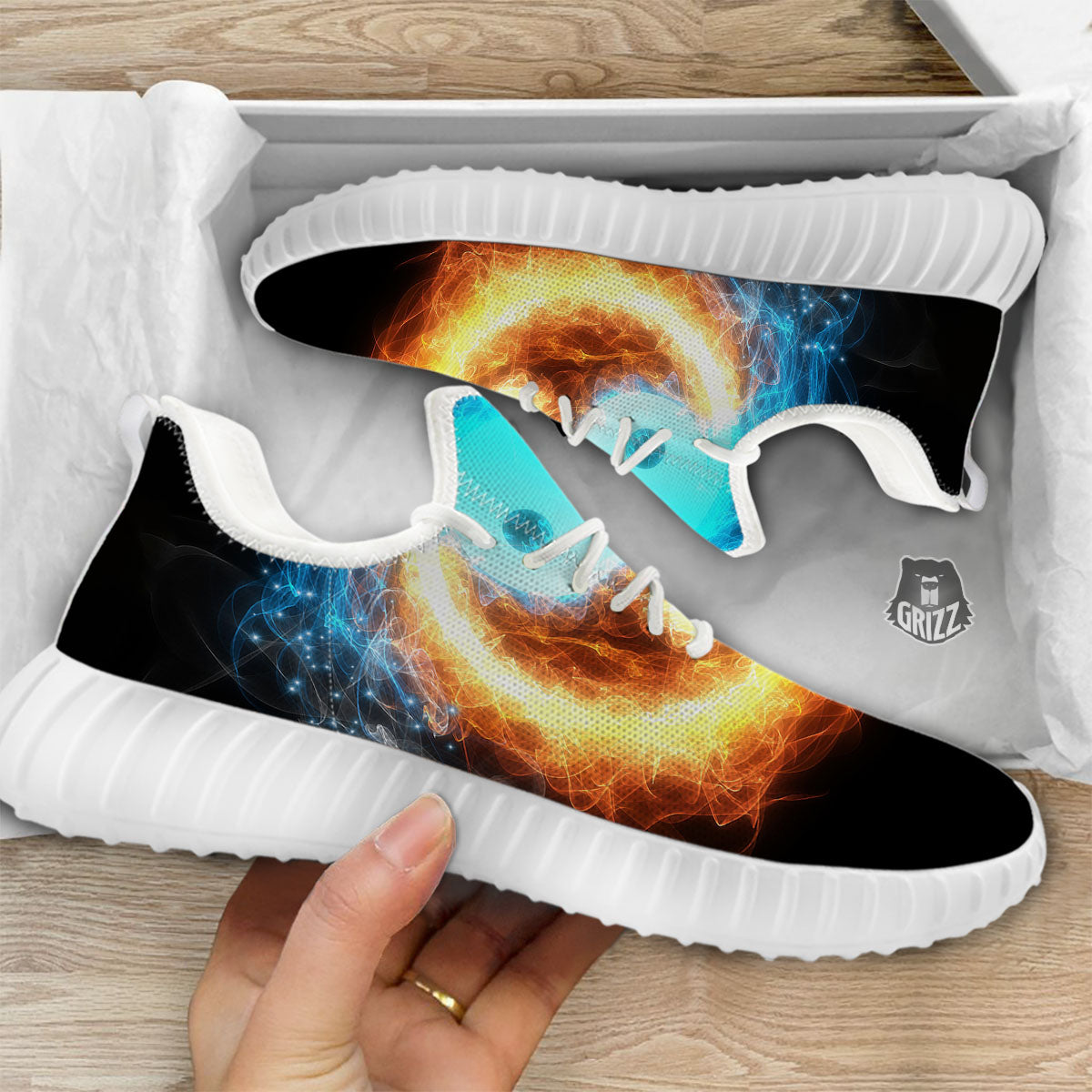 Ice And Fire Sparkle Yin Yang Print White Walking Shoes-grizzshop