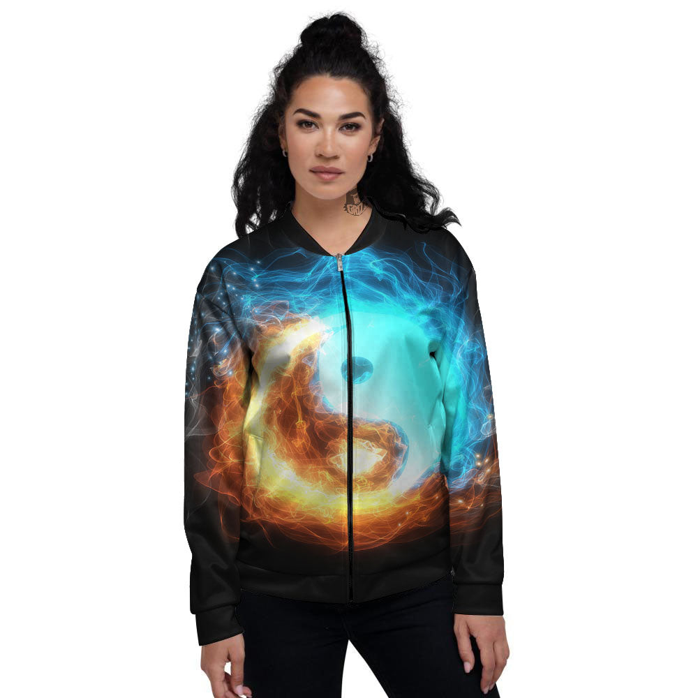 Ice And Fire Sparkle Yin Yang Print Women's Bomber Jacket-grizzshop