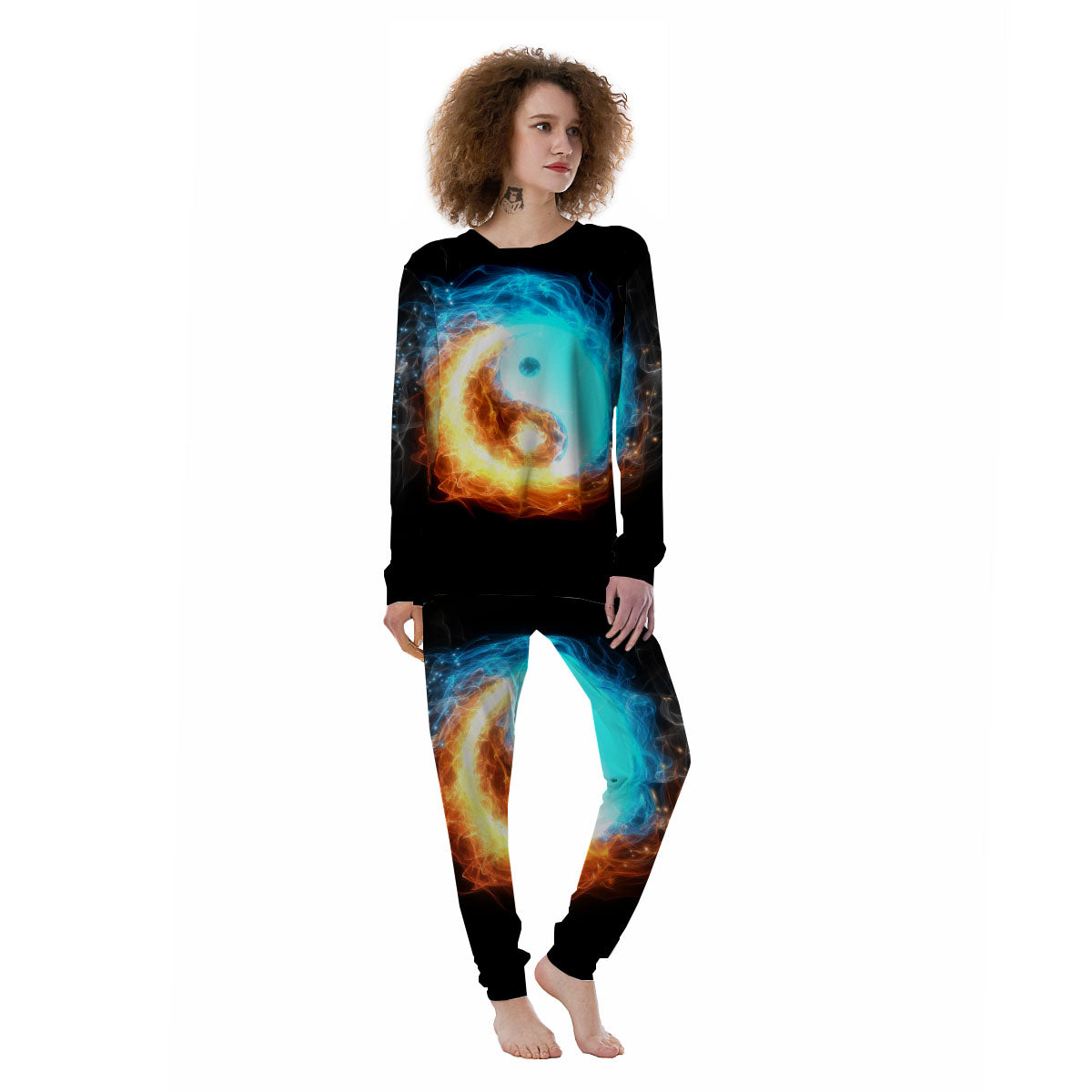Ice And Fire Sparkle Yin Yang Print Women's Pajamas-grizzshop