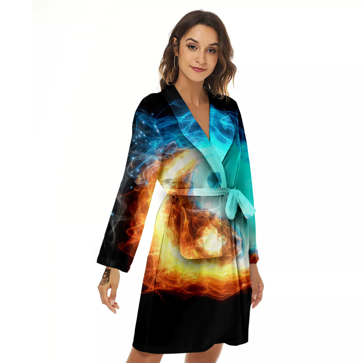 Ice And Fire Sparkle Yin Yang Print Women's Robe-grizzshop