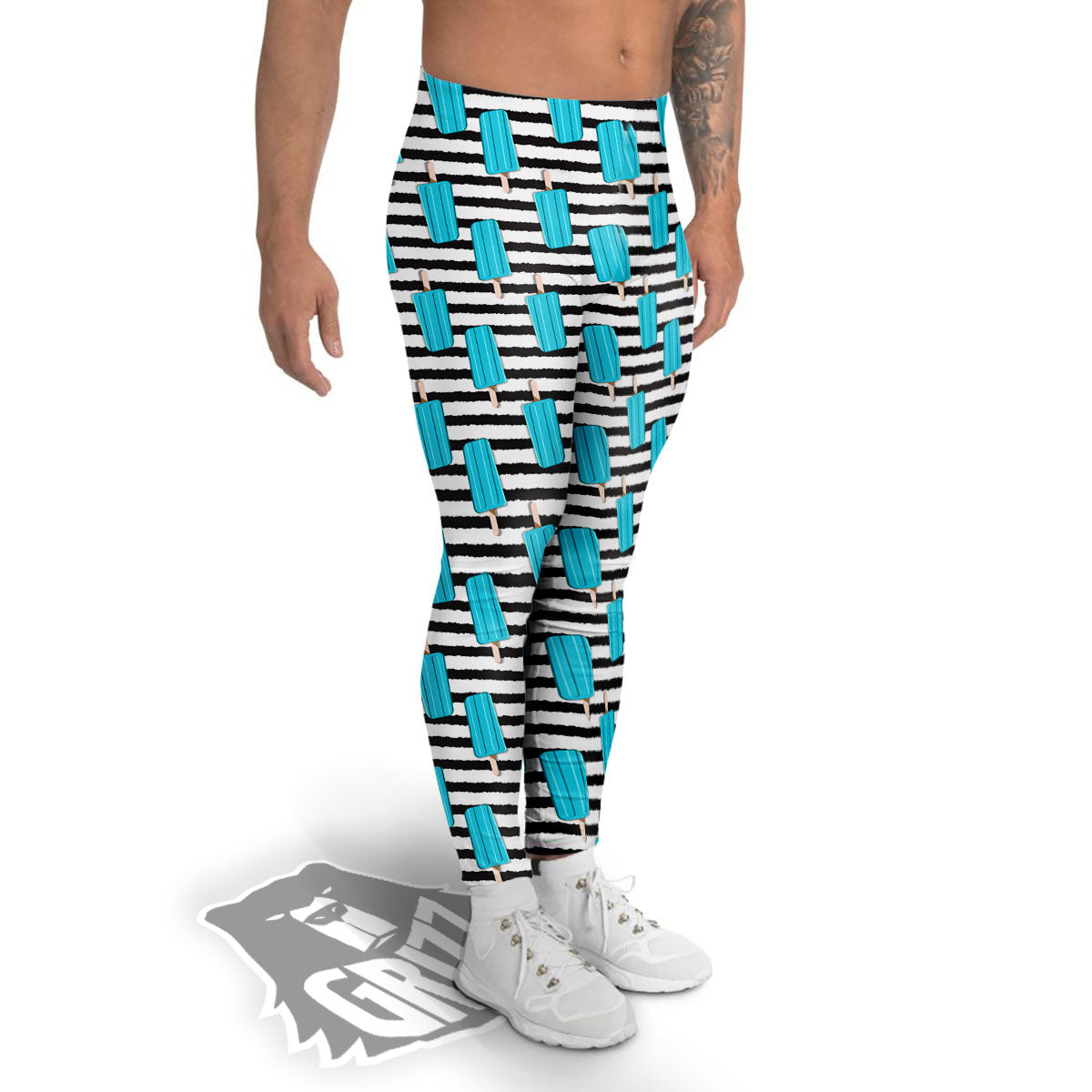 Ice Cream Black Striped Print Pattern Men's Leggings-grizzshop