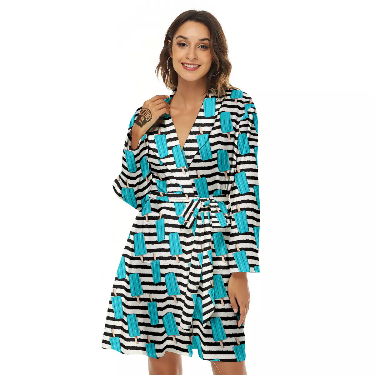 Ice Cream Black Striped Print Pattern Women's Robe-grizzshop