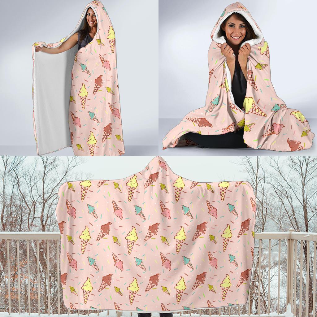 Ice Cream Cone Pattern Print Hooded Blanket-grizzshop