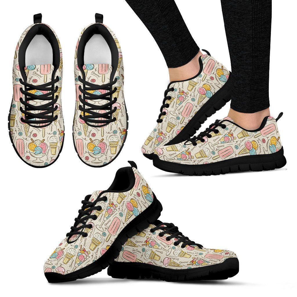 Ice Cream Cone Print Pattern Black Sneaker Shoes For Men Women-grizzshop