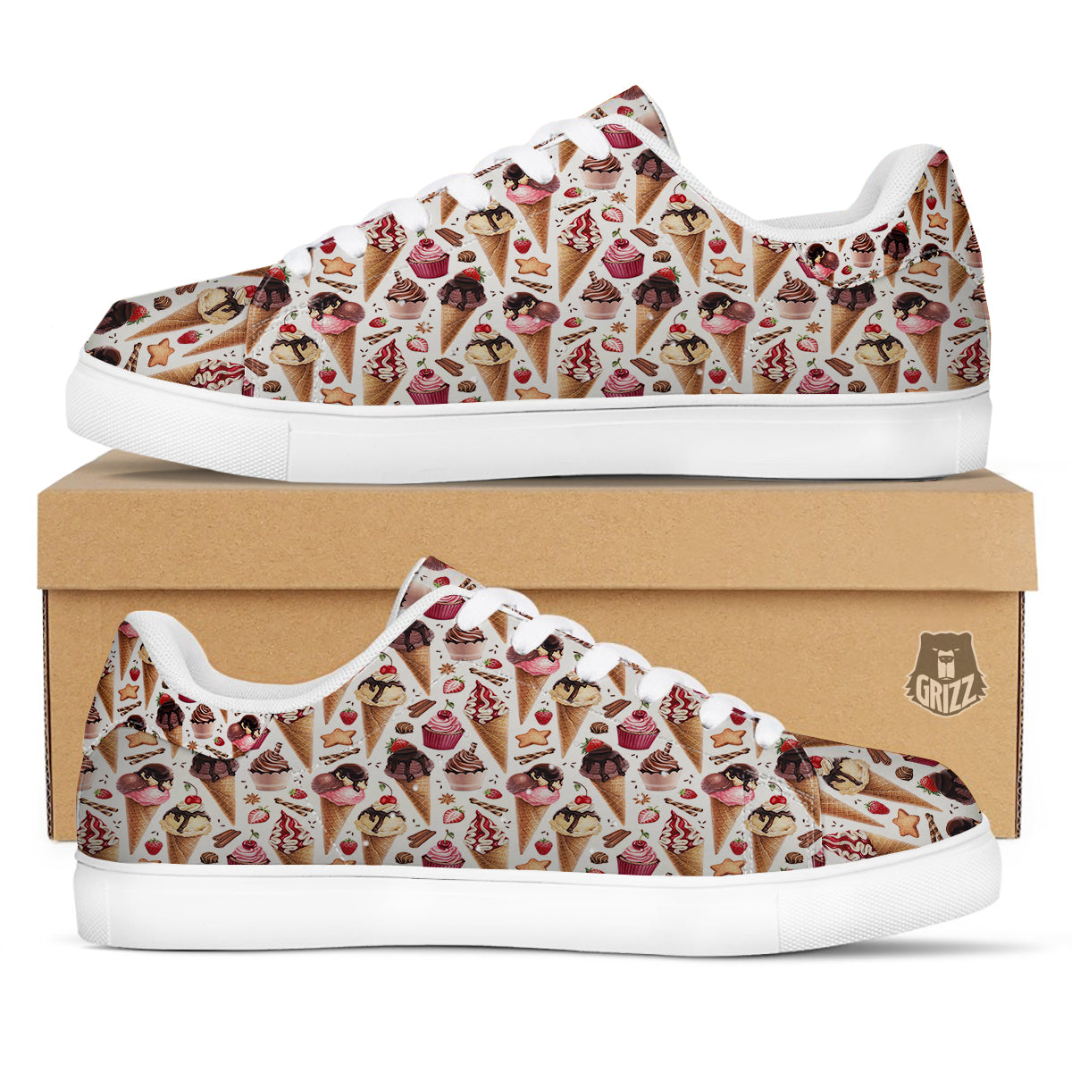 Ice Cream Cones Watercolor Print Pattern White Low Top Sneakers-grizzshop