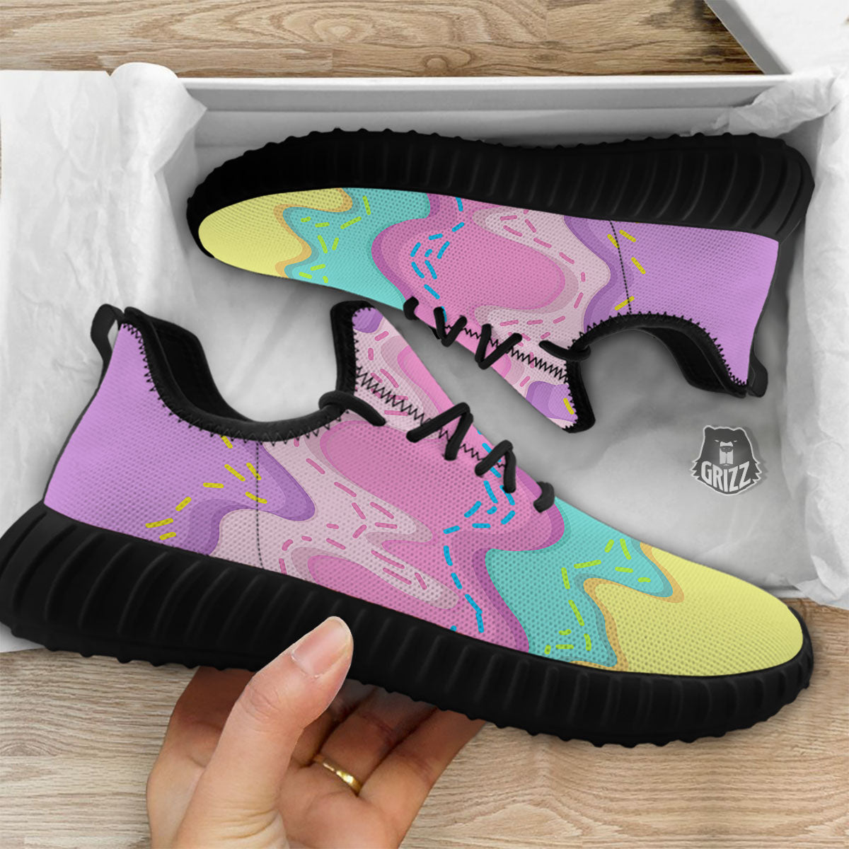 Ice Cream Dripping Pastel Print Black Walking Shoes-grizzshop
