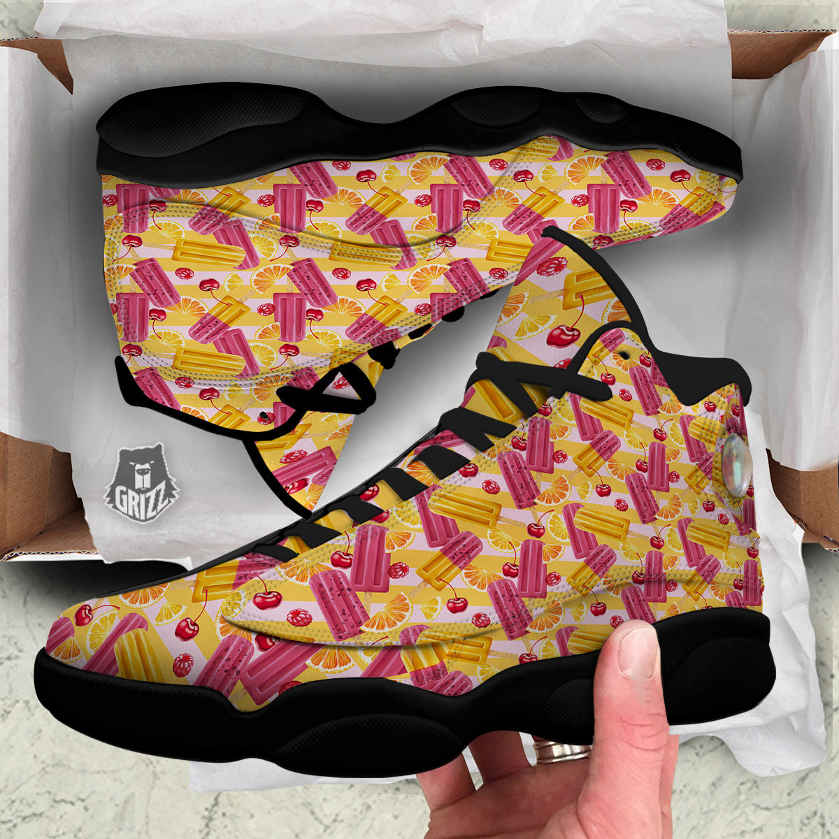 Ice Cream Fruits And Berries Print Pattern Black Basketball Shoes-grizzshop