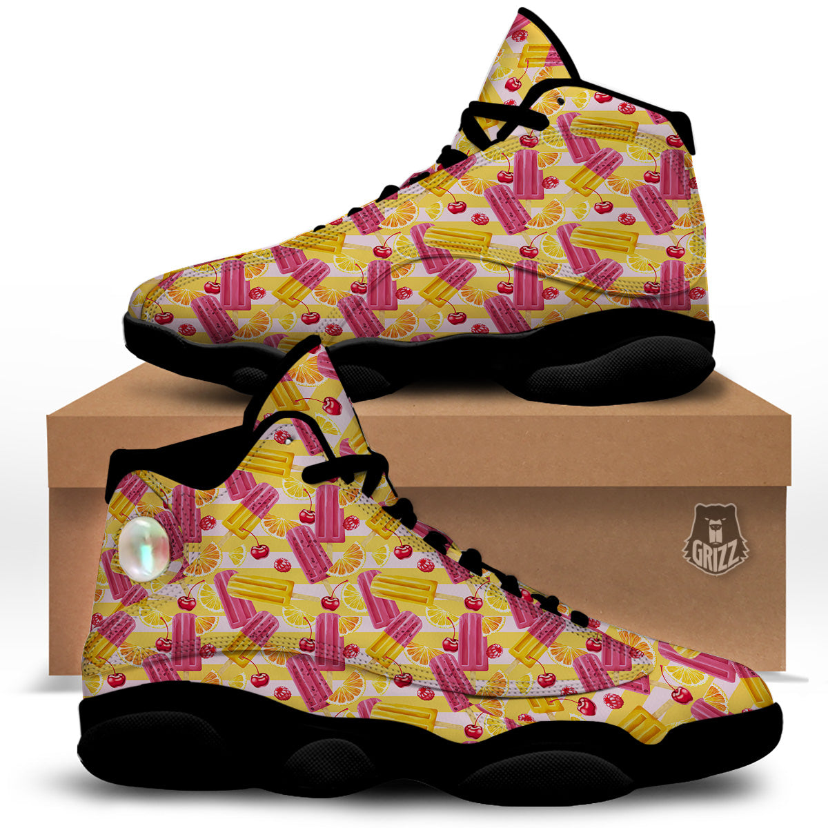 Ice Cream Fruits And Berries Print Pattern Black Basketball Shoes-grizzshop