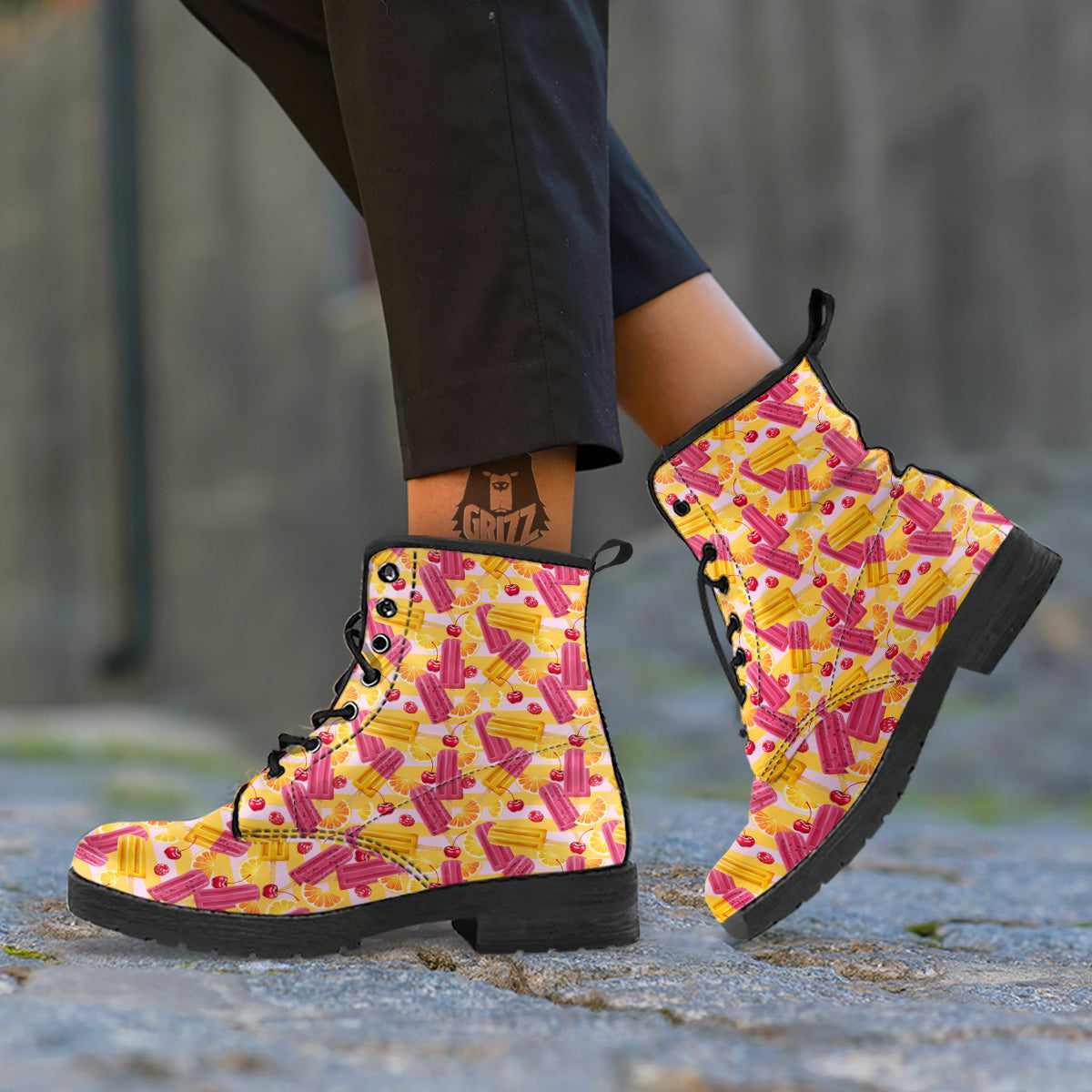 Ice Cream Fruits And Berries Print Pattern Leather Boots-grizzshop