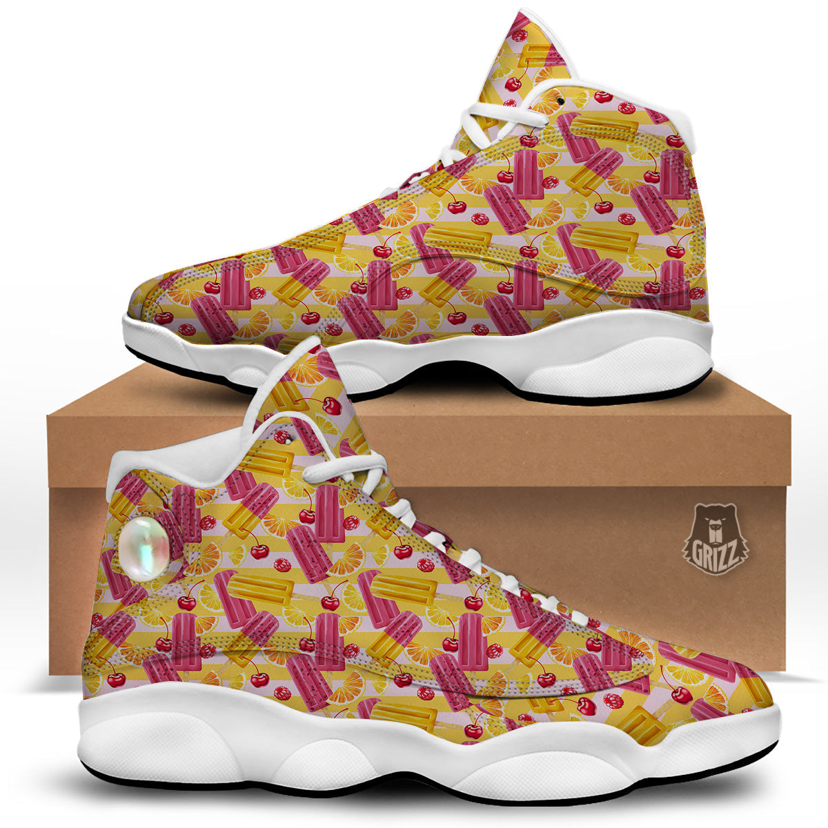 Ice Cream Fruits And Berries Print Pattern White Basketball Shoes-grizzshop