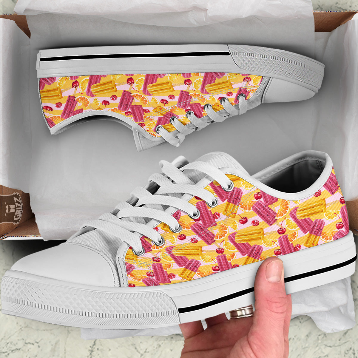Ice Cream Fruits And Berries Print Pattern White Low Top Shoes-grizzshop