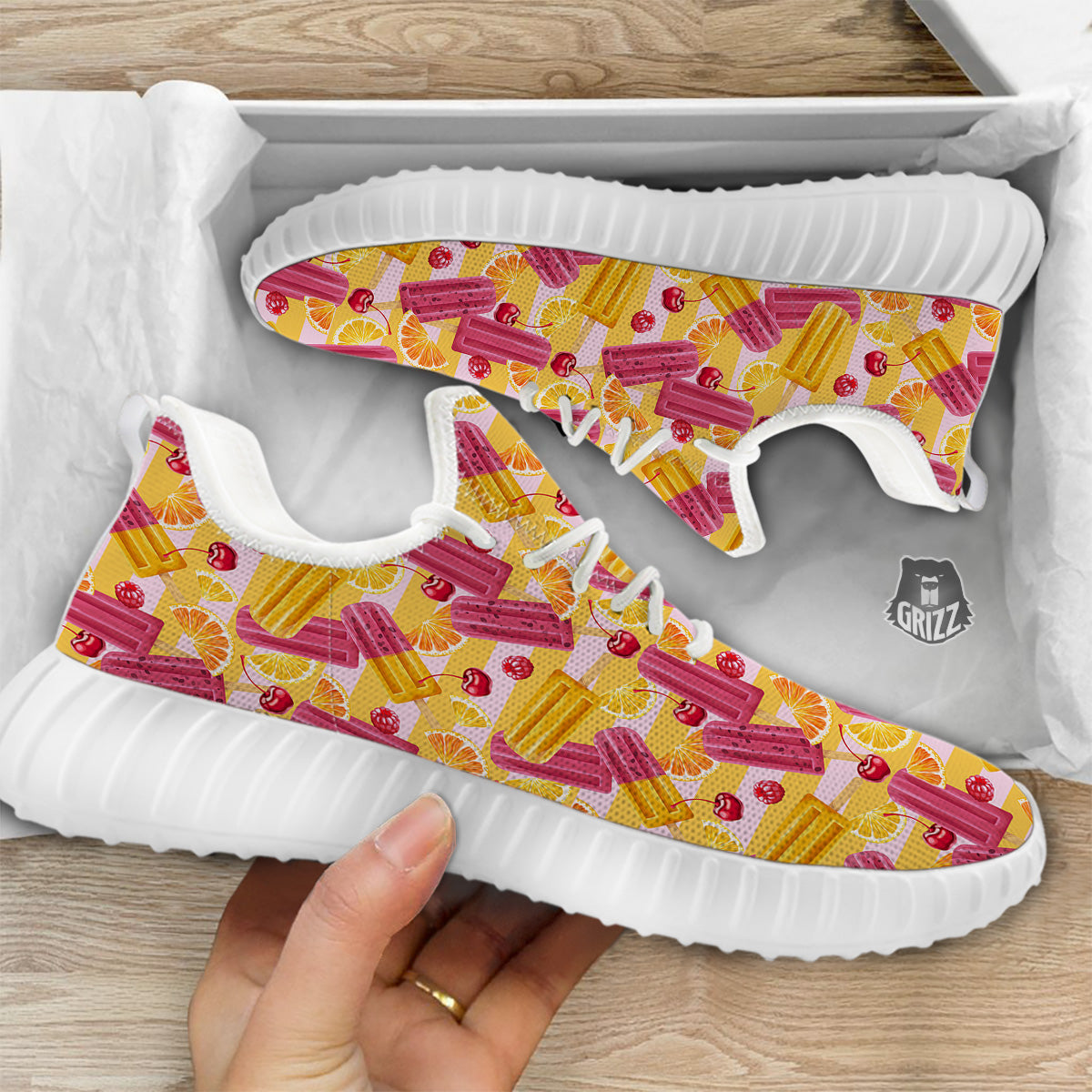 Ice Cream Fruits And Berries Print Pattern White Walking Shoes-grizzshop