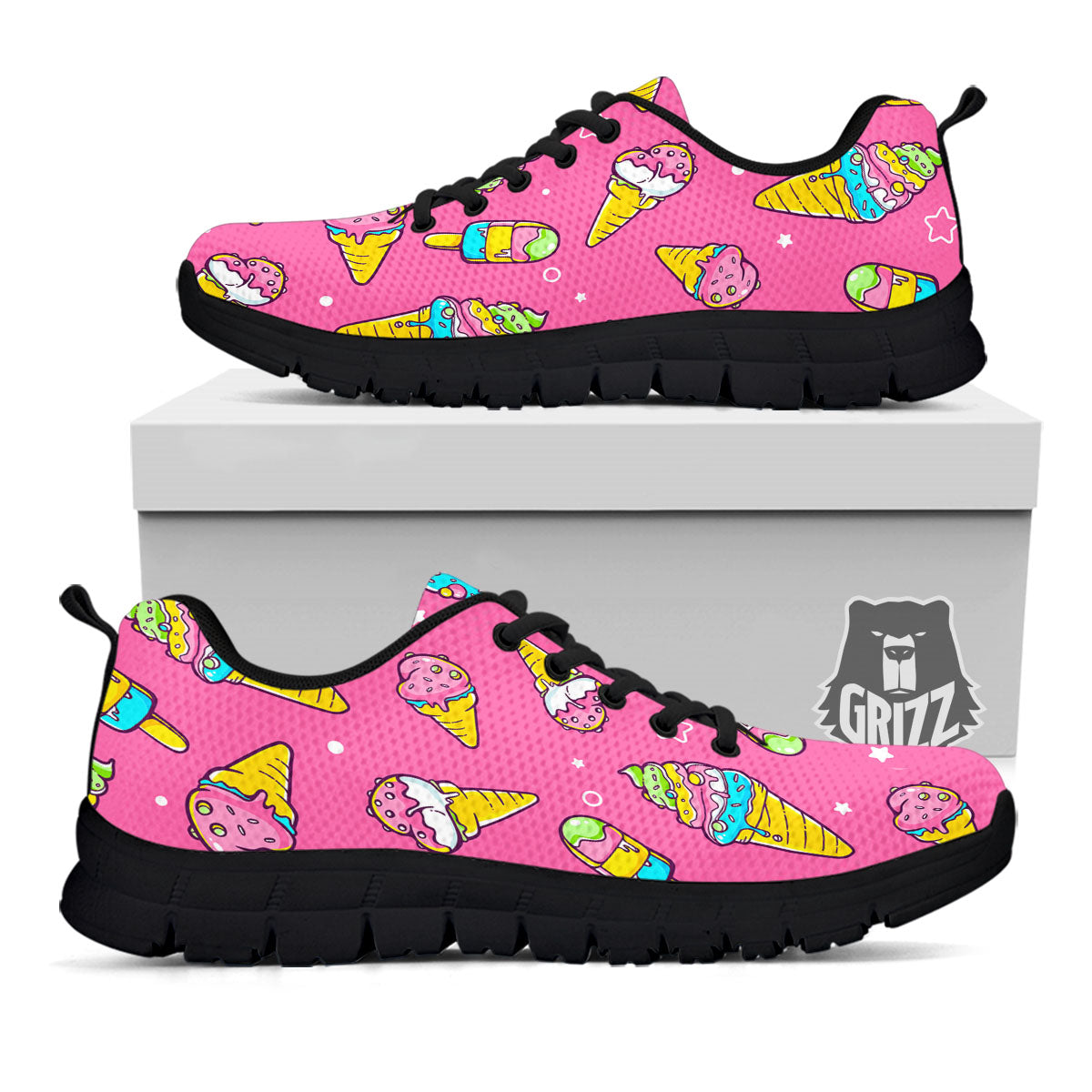 Ice Cream Pink Print Pattern Black Sneaker-grizzshop