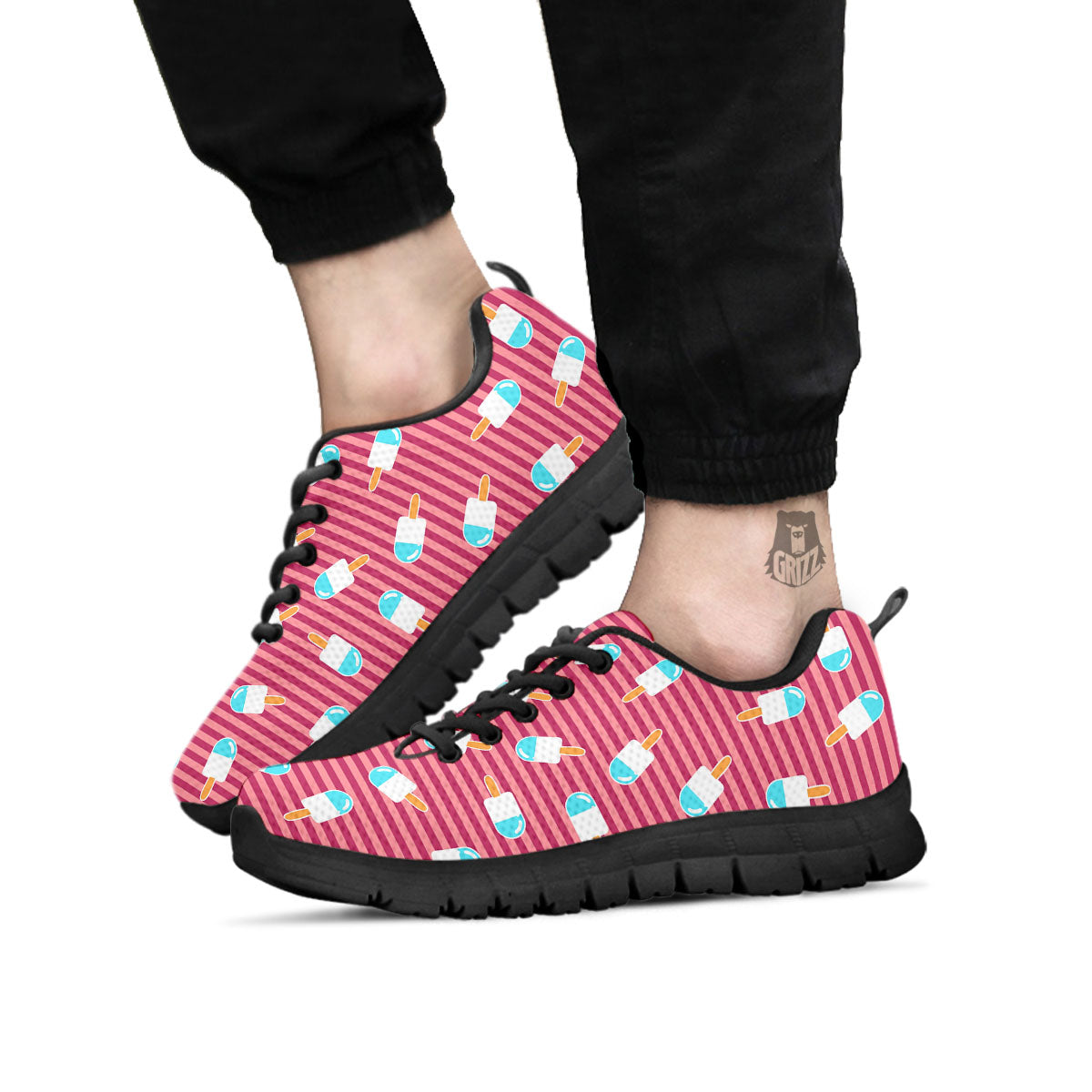 Ice Cream Pink Striped Print Pattern Black Sneaker-grizzshop