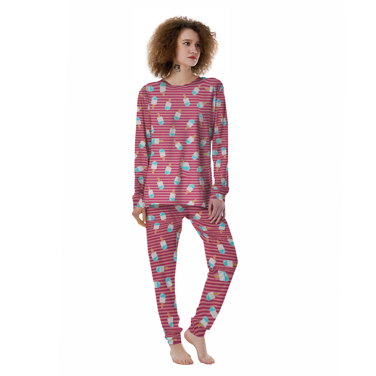 Ice Cream Pink Striped Print Pattern Women's Pajamas-grizzshop