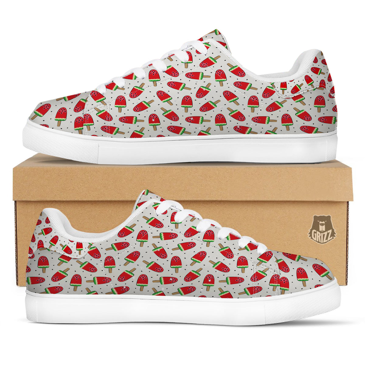 Ice Cream Watermelon Print Pattern White Low Top Sneakers-grizzshop