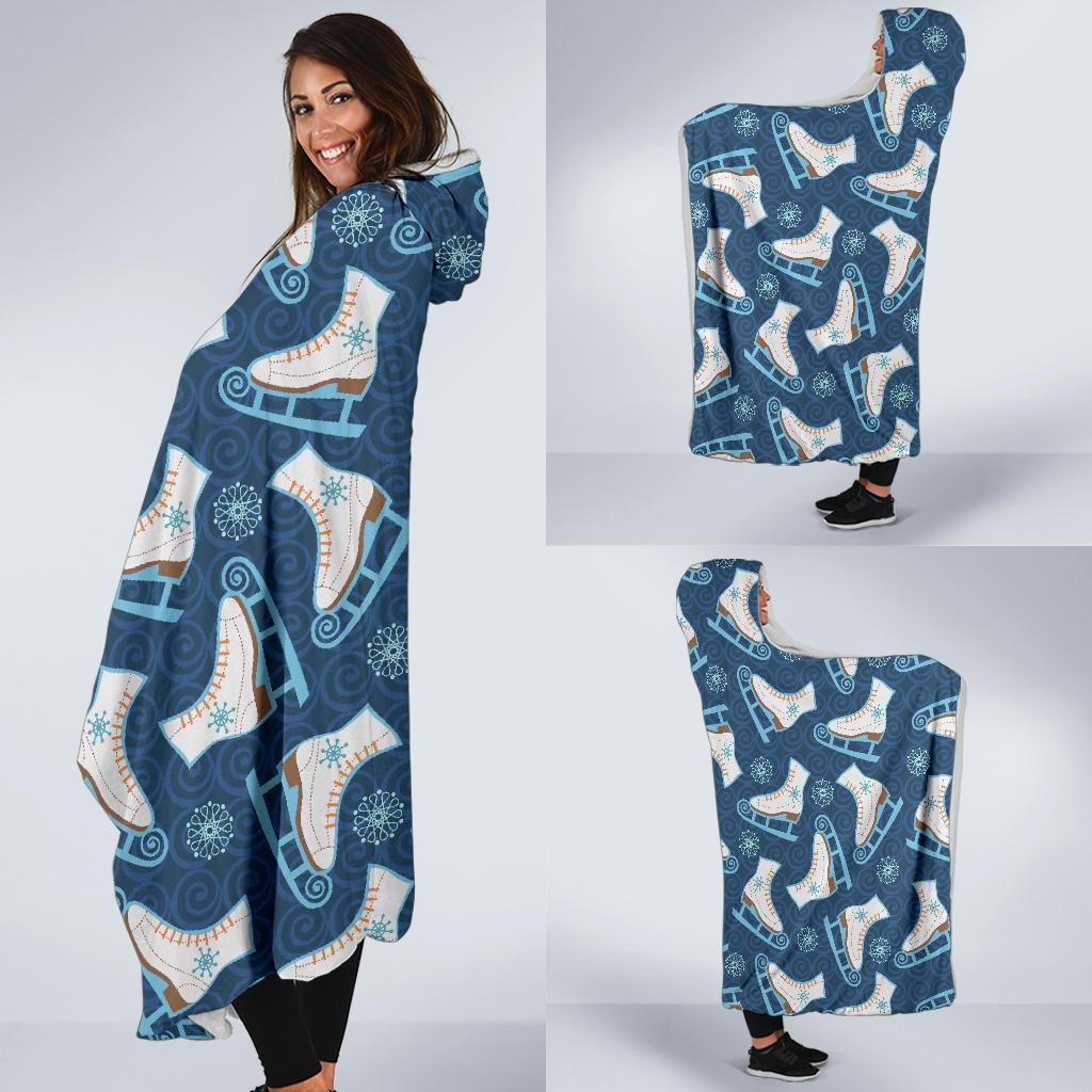 Ice Skate Pattern Print Hooded Blanket-grizzshop