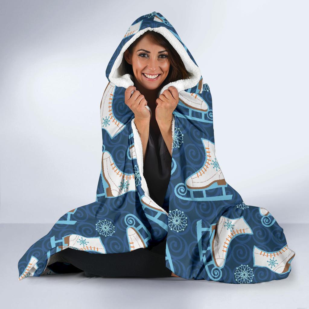 Ice Skate Pattern Print Hooded Blanket-grizzshop