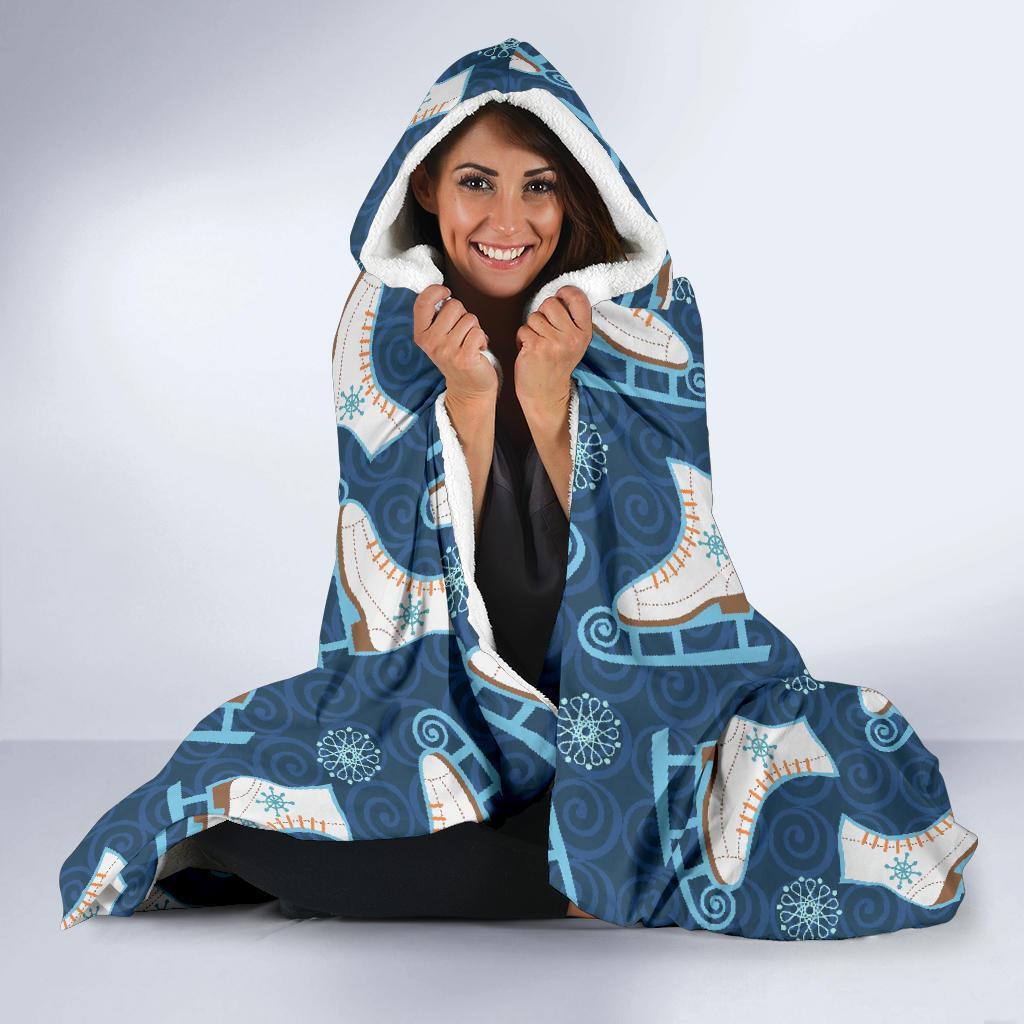 Ice Skate Pattern Print Hooded Blanket-grizzshop