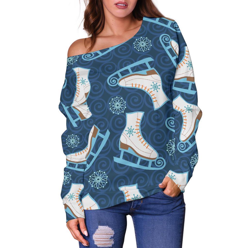 Ice Skate Pattern Print Women Off Shoulder Sweatshirt-grizzshop