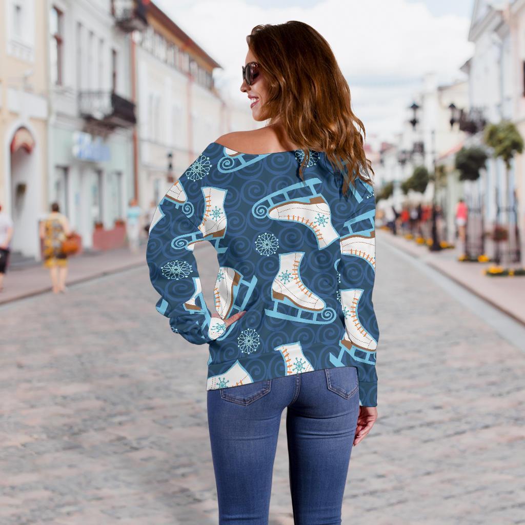 Ice Skate Pattern Print Women Off Shoulder Sweatshirt-grizzshop