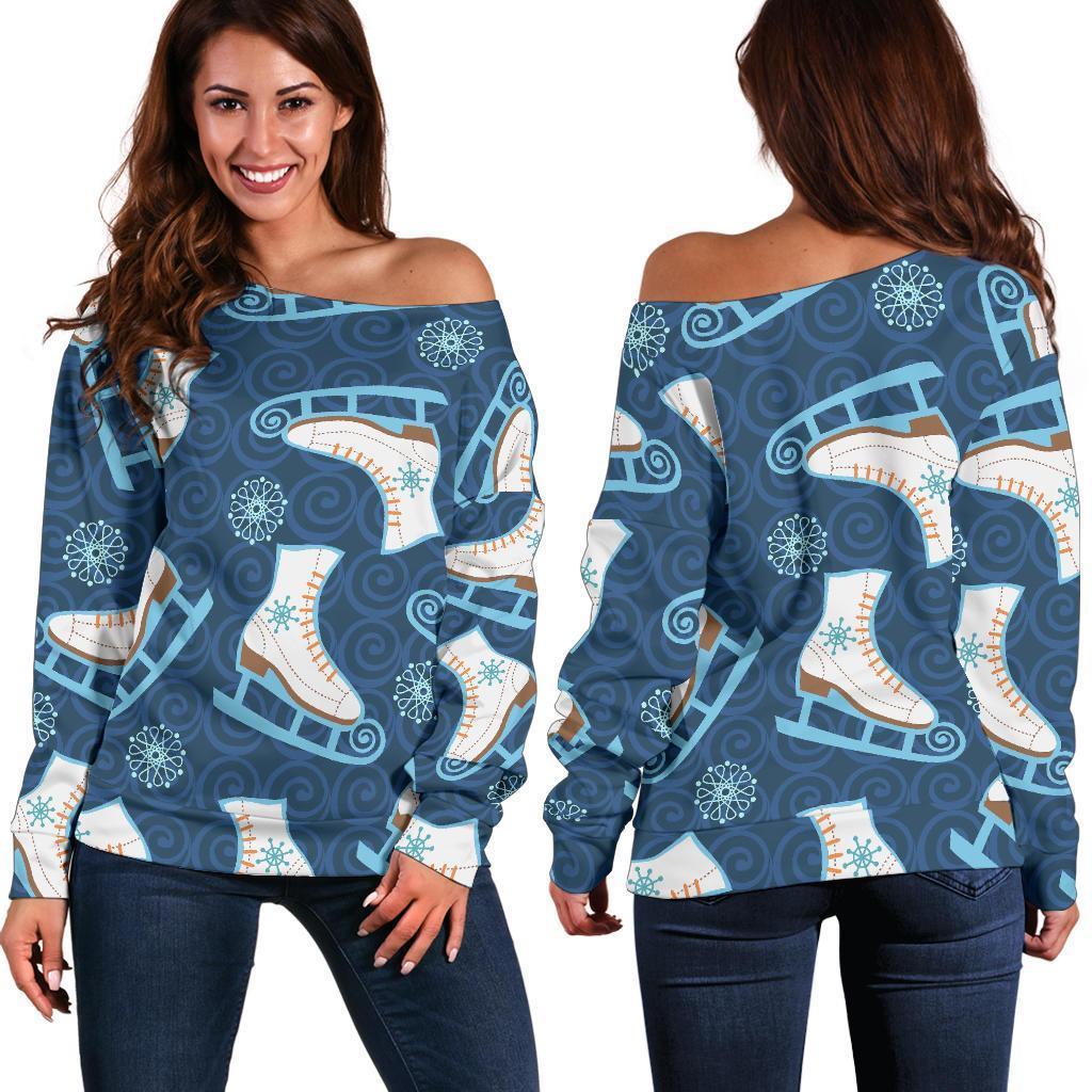 Ice Skate Pattern Print Women Off Shoulder Sweatshirt-grizzshop