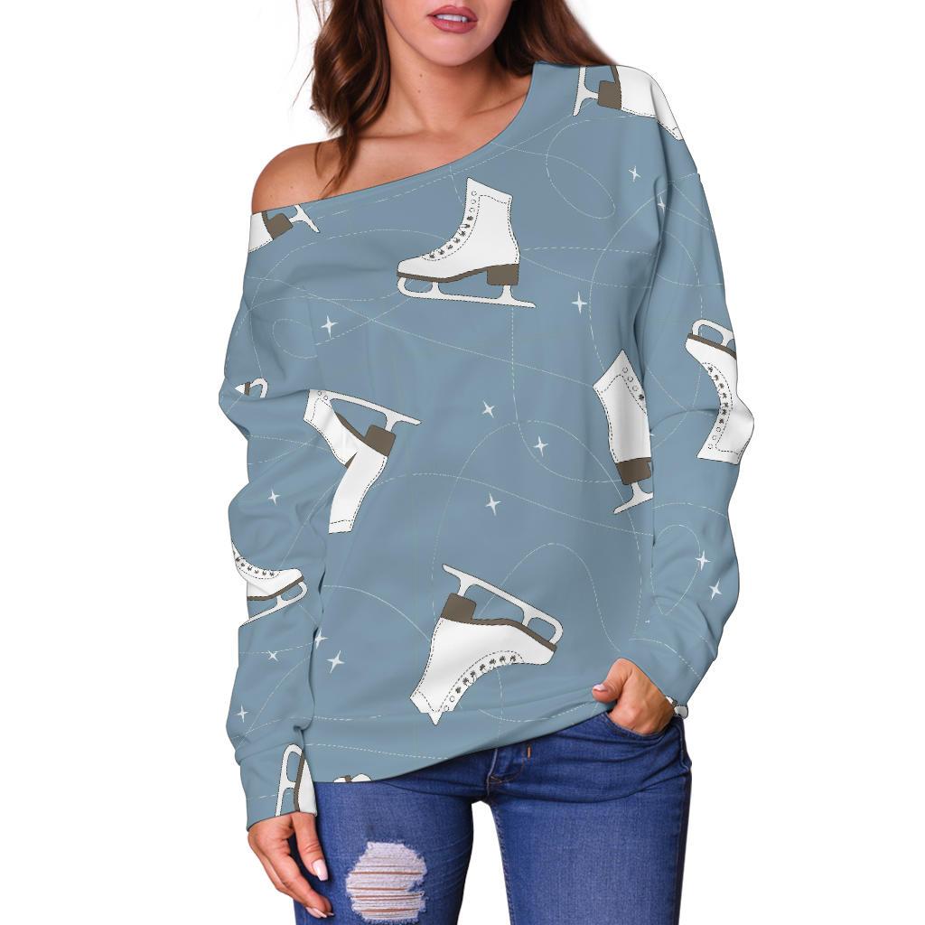 Ice Skate Print Pattern Women Off Shoulder Sweatshirt-grizzshop