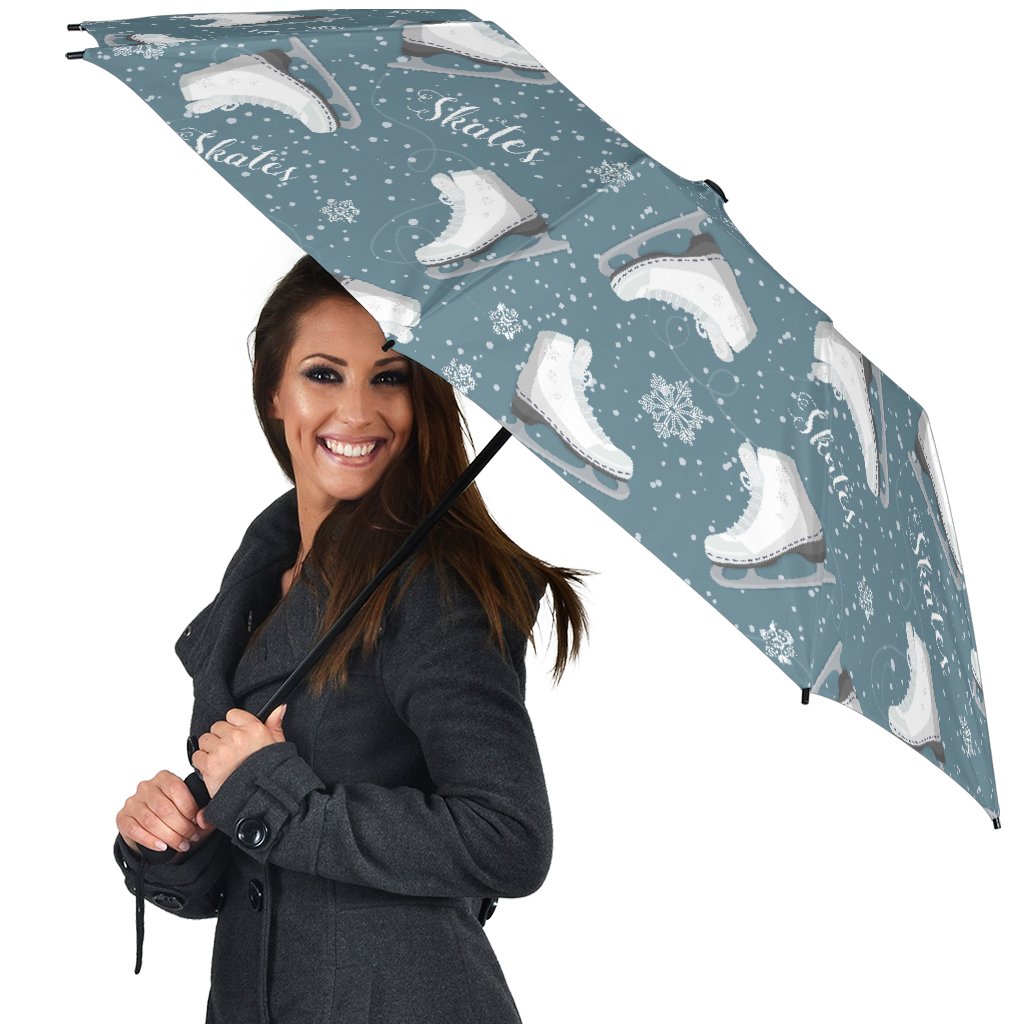 Ice Skate Snowflake Pattern Print Automatic Foldable Umbrella-grizzshop