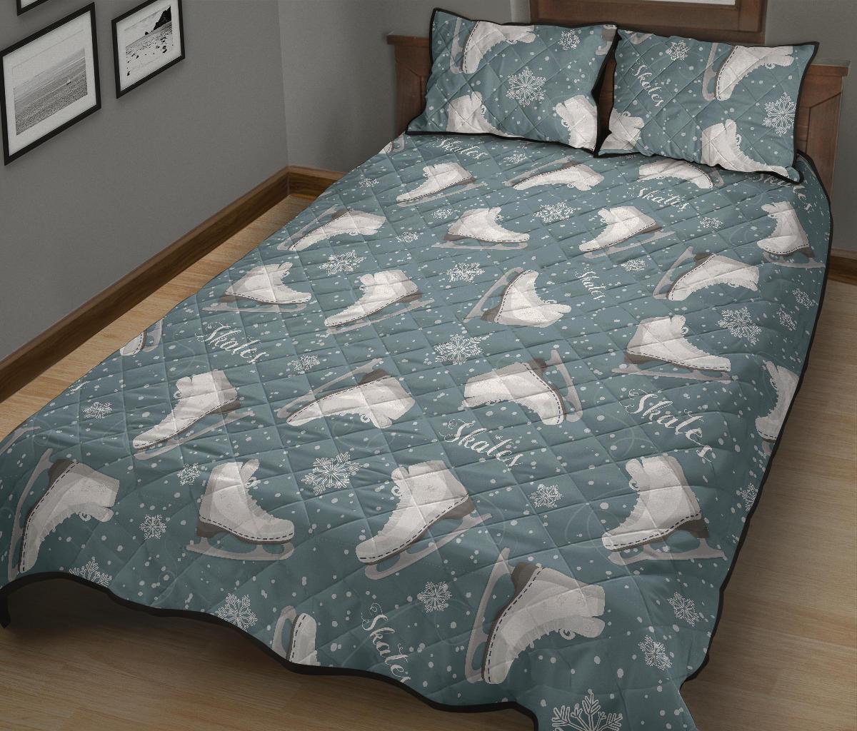 Ice Skate Snowflake Pattern Print Bed Set Quilt-grizzshop