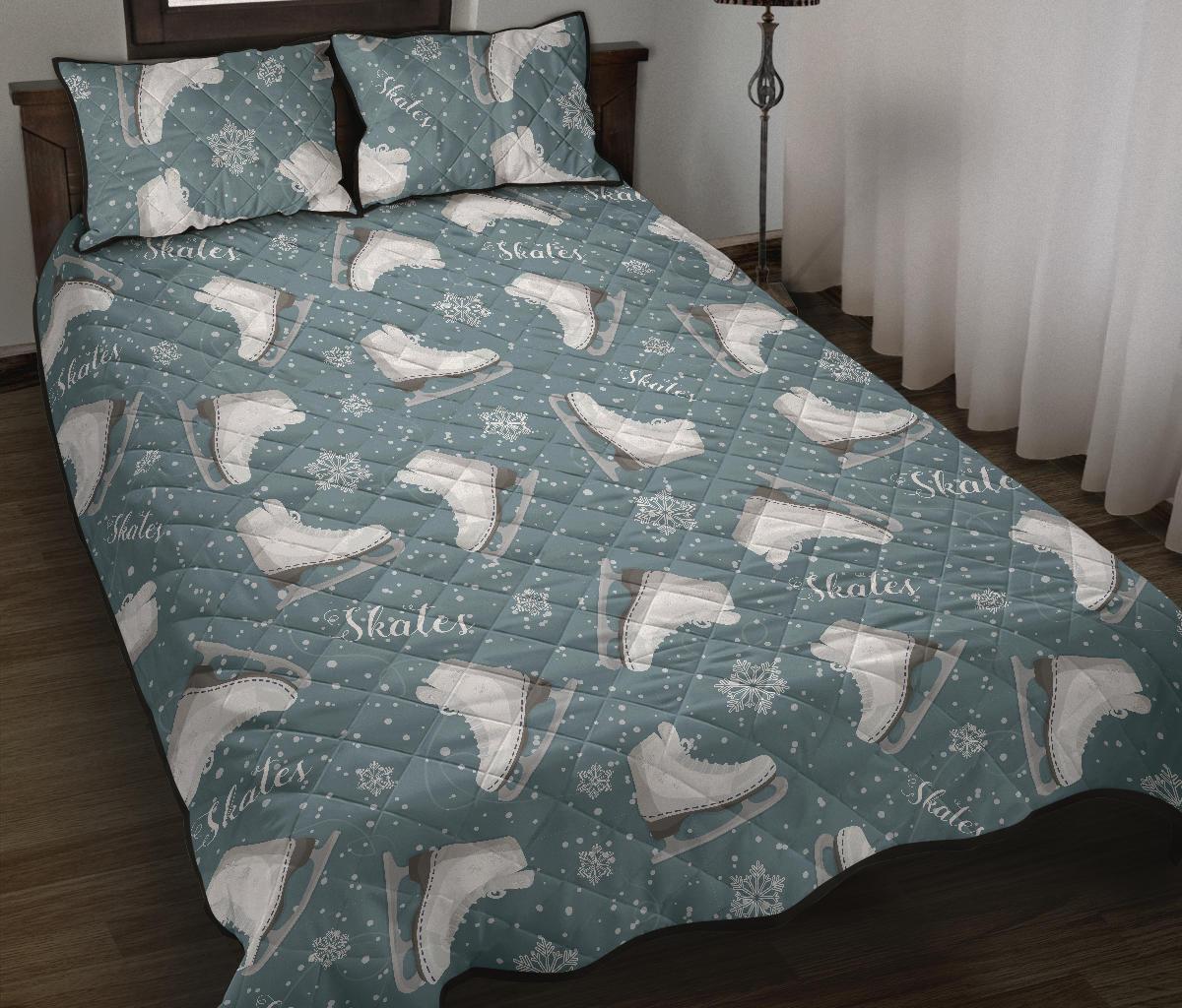 Ice Skate Snowflake Pattern Print Bed Set Quilt-grizzshop