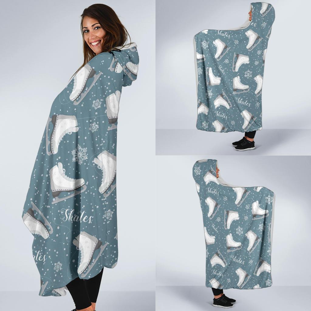 Ice Skate Snowflake Pattern Print Hooded Blanket-grizzshop