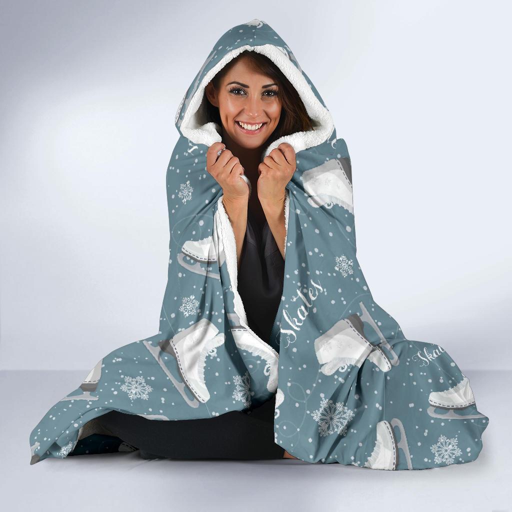 Ice Skate Snowflake Pattern Print Hooded Blanket-grizzshop