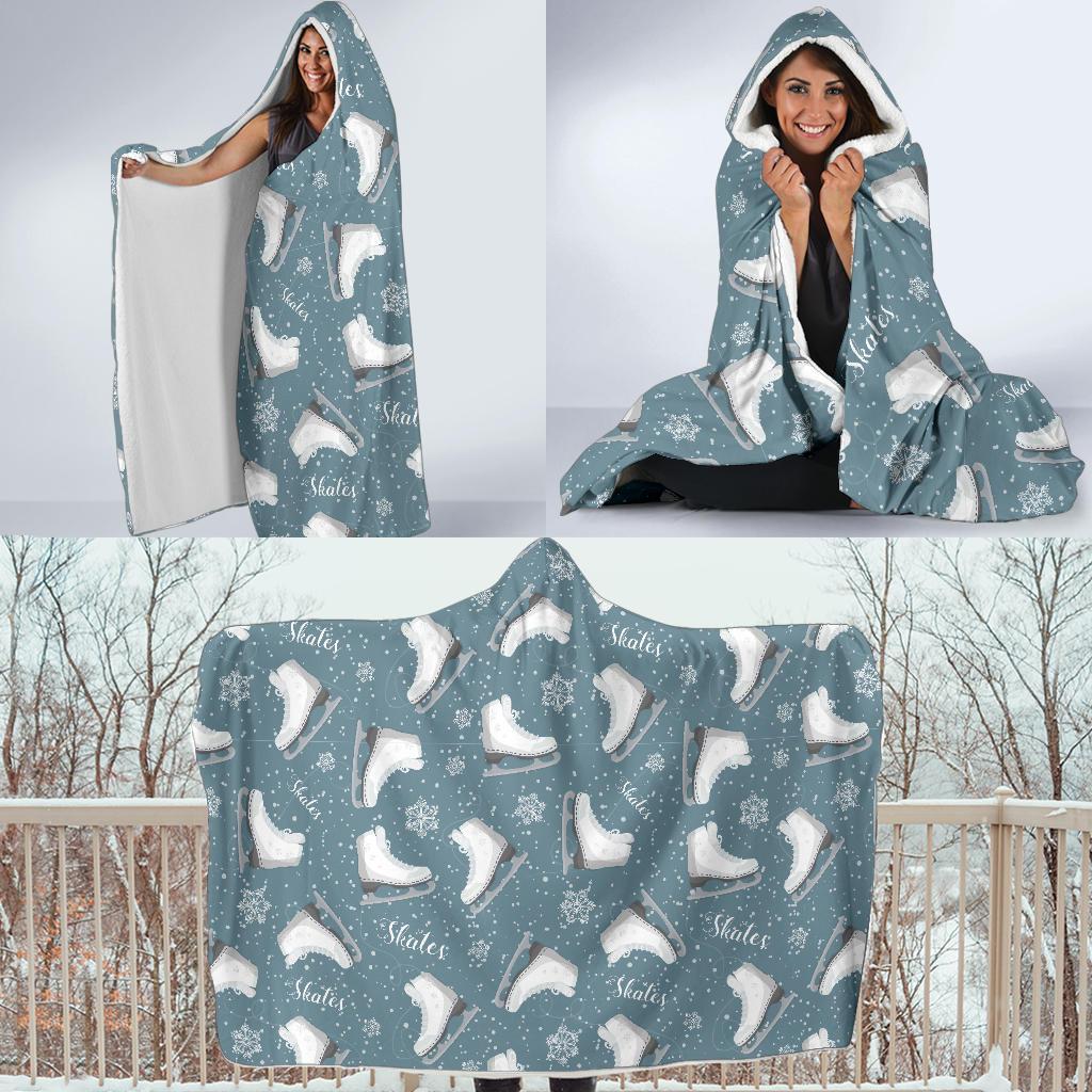 Ice Skate Snowflake Pattern Print Hooded Blanket-grizzshop