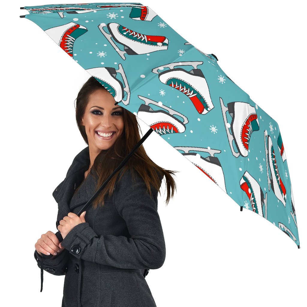 Ice Skate Snowflake Print Pattern Automatic Foldable Umbrella-grizzshop