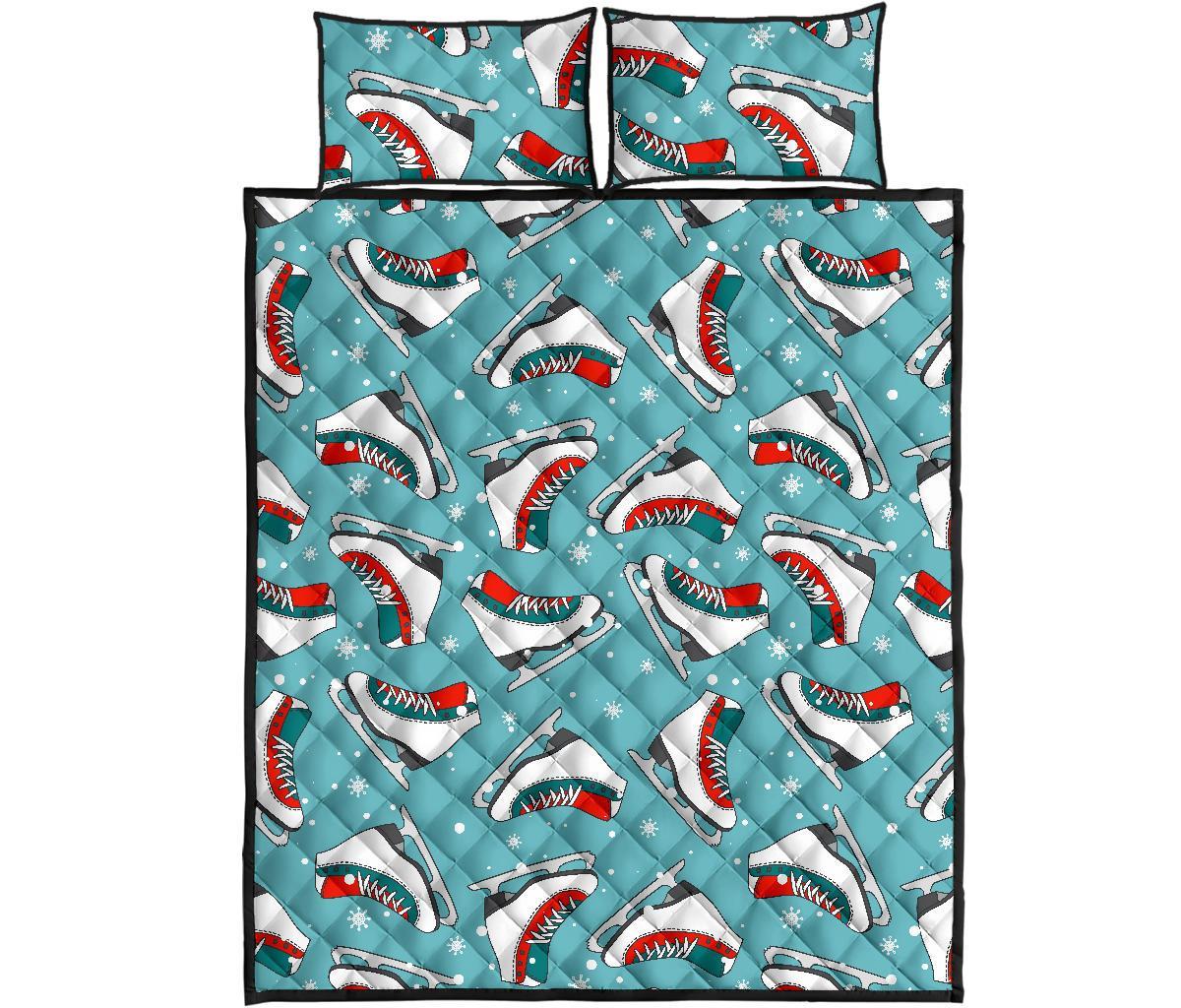 Ice Skate Snowflake Print Pattern Bed Set Quilt-grizzshop