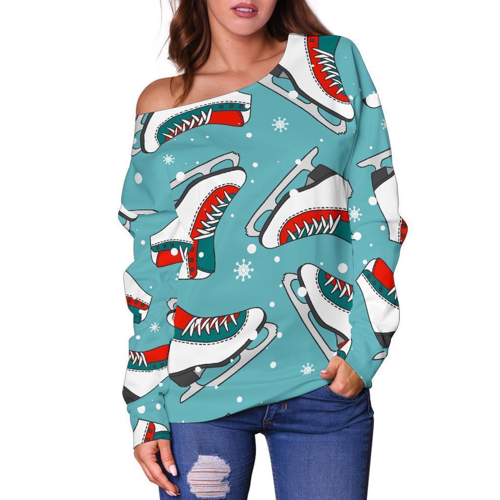 Ice Skate Snowflake Print Pattern Women Off Shoulder Sweatshirt-grizzshop