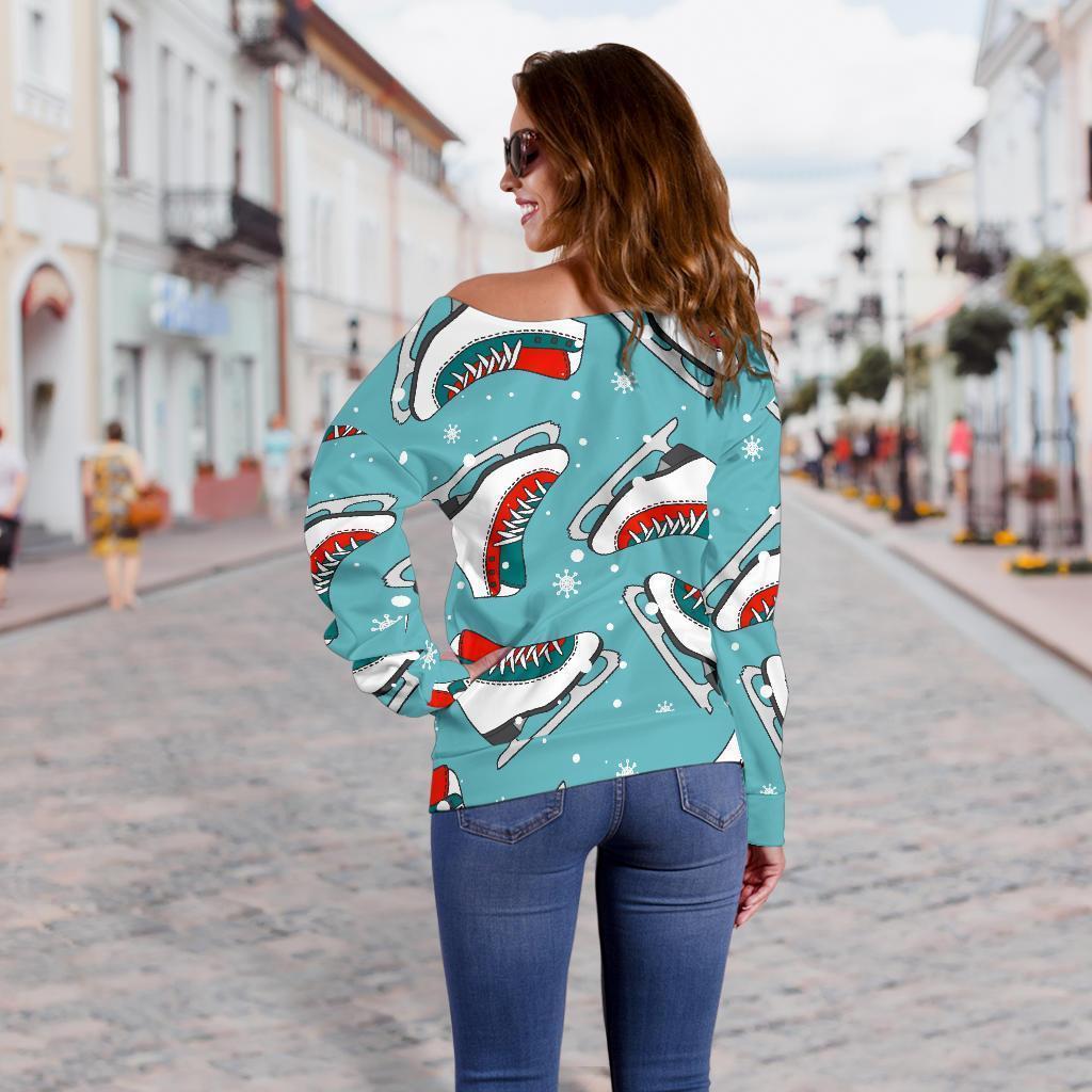 Ice Skate Snowflake Print Pattern Women Off Shoulder Sweatshirt-grizzshop