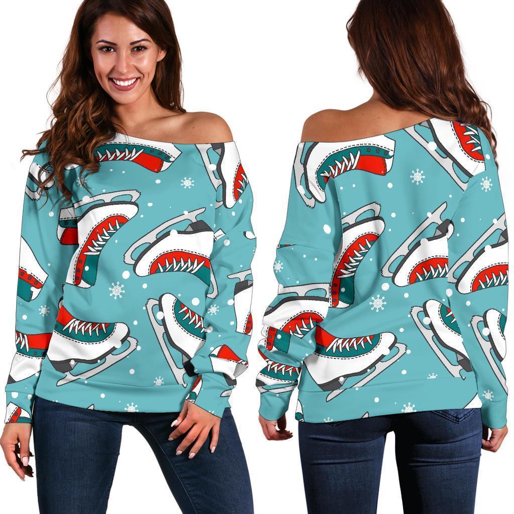 Ice Skate Snowflake Print Pattern Women Off Shoulder Sweatshirt-grizzshop