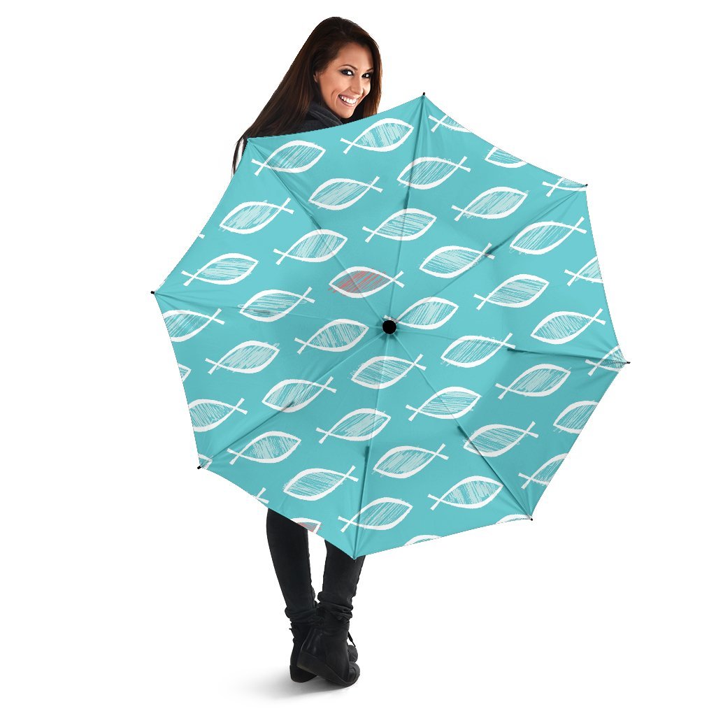 Ichthys Christian Pattern Print Automatic Foldable Umbrella-grizzshop