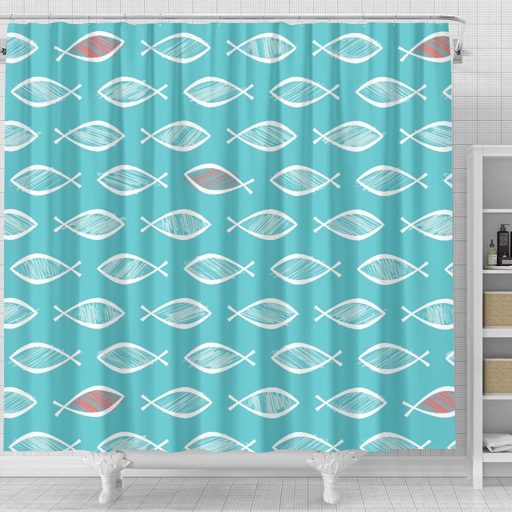 Ichthys Christian Pattern Print Bathroom Shower Curtain-grizzshop