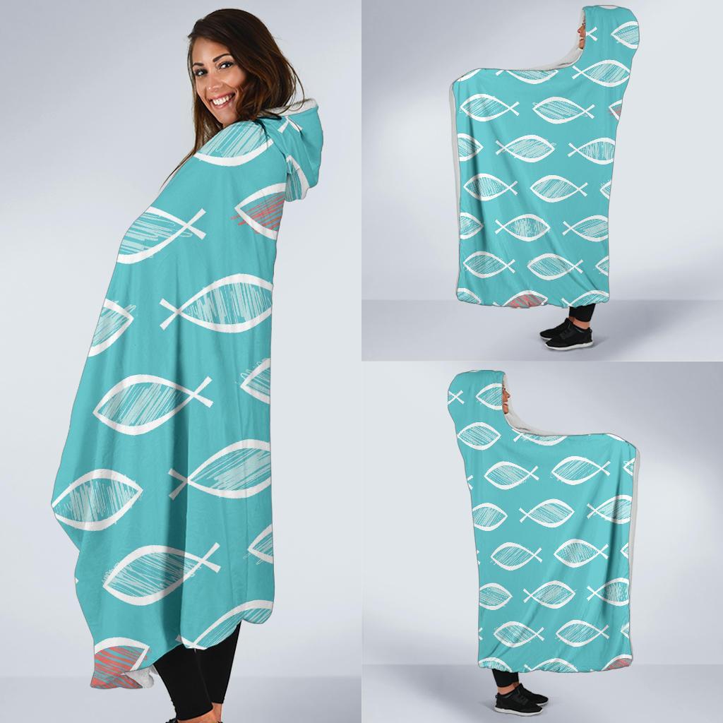 Ichthys Christian Pattern Print Hooded Blanket-grizzshop