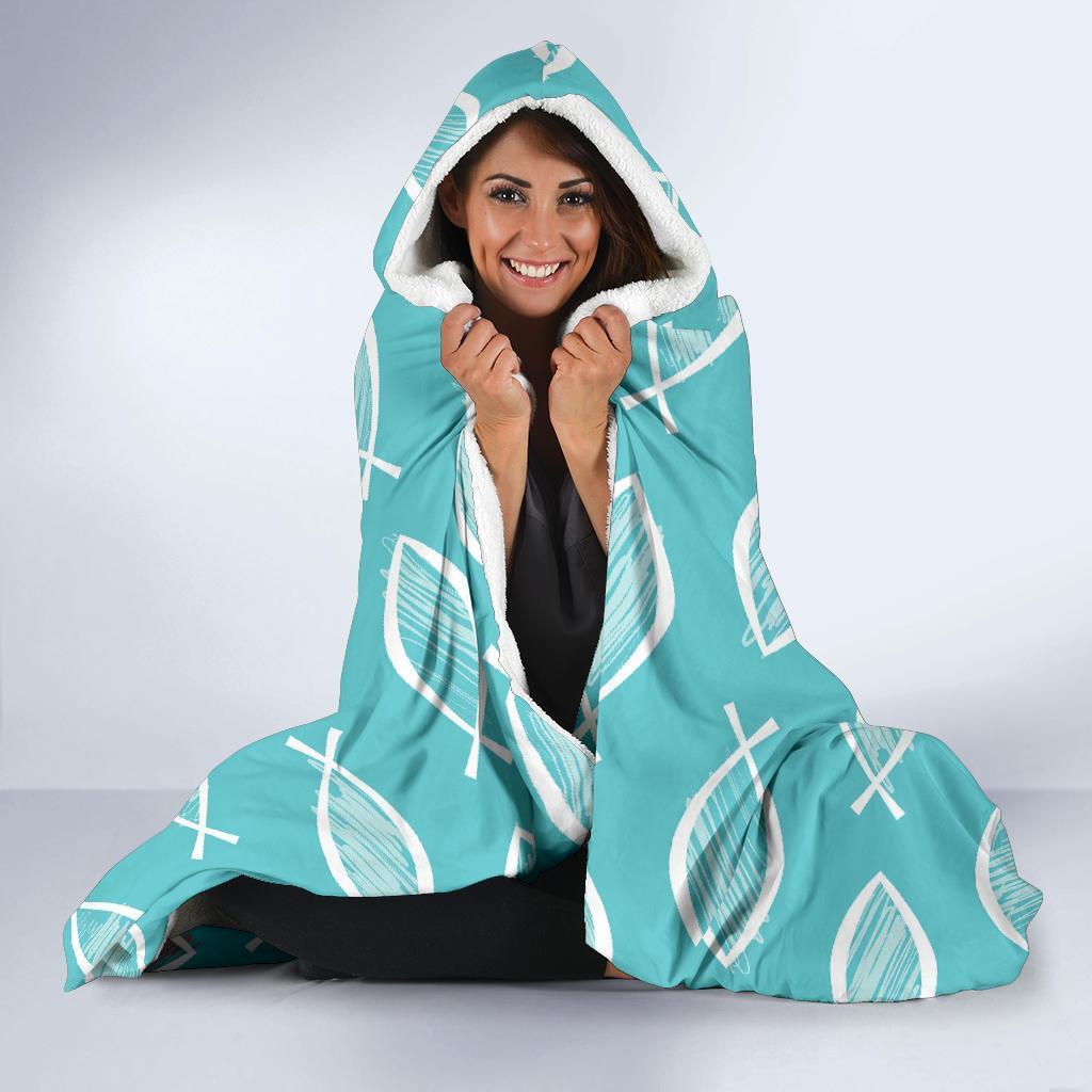 Ichthys Christian Pattern Print Hooded Blanket-grizzshop