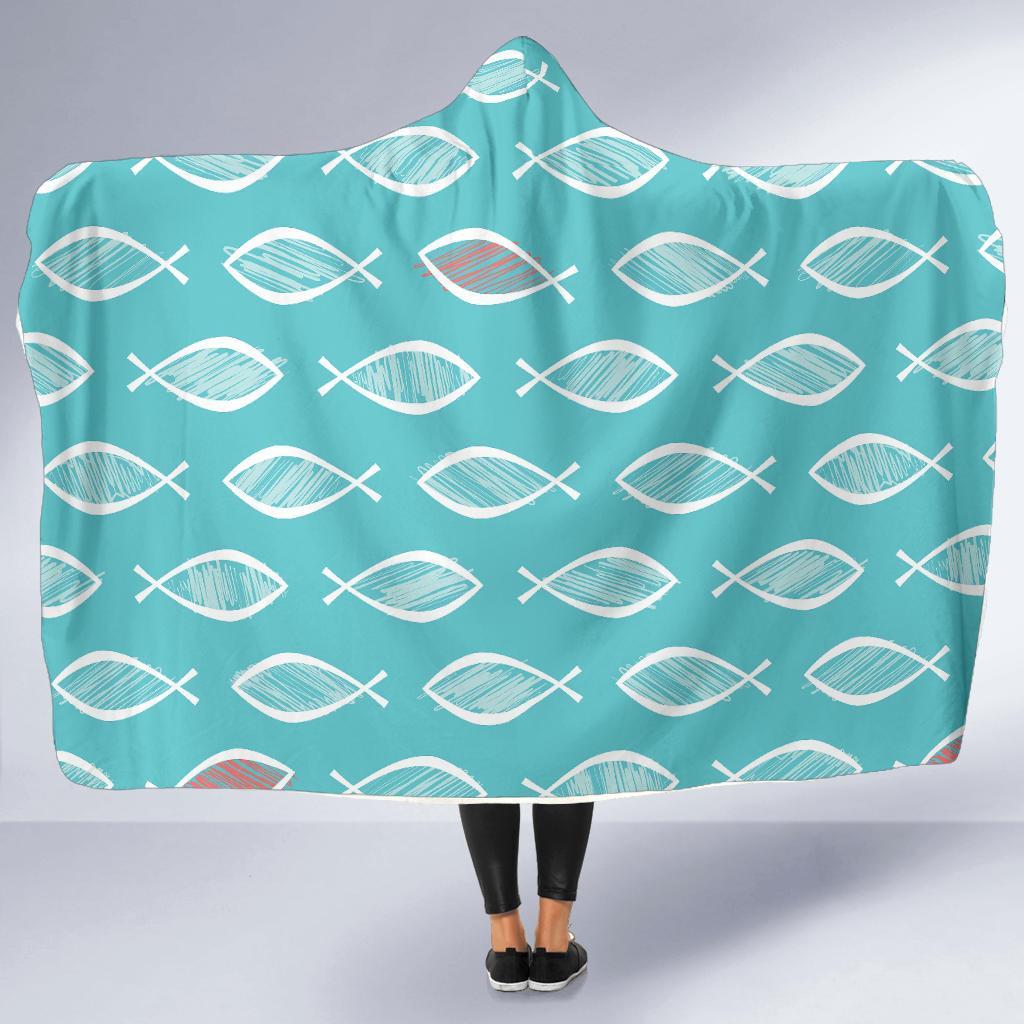 Ichthys Christian Pattern Print Hooded Blanket-grizzshop