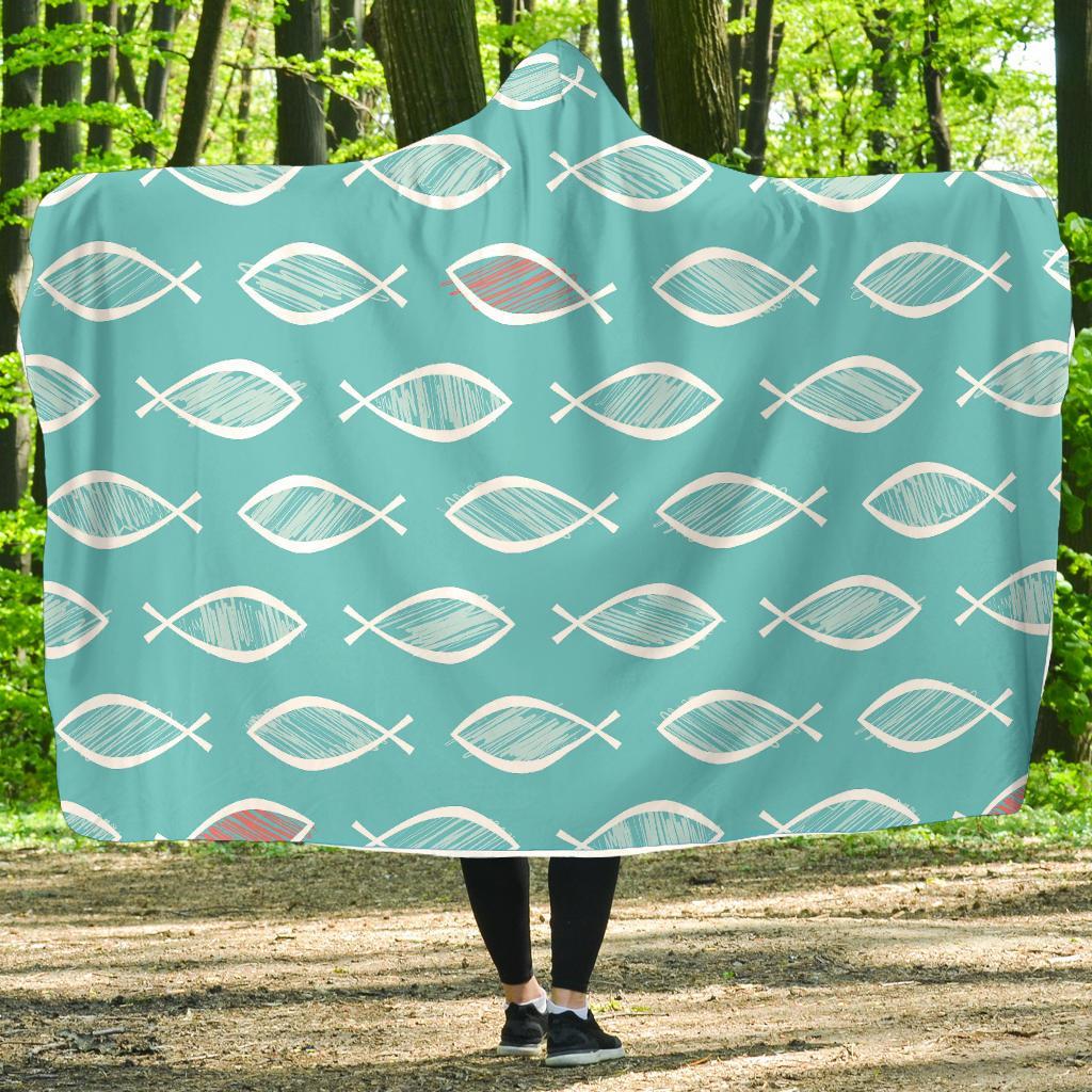 Ichthys Christian Pattern Print Hooded Blanket-grizzshop