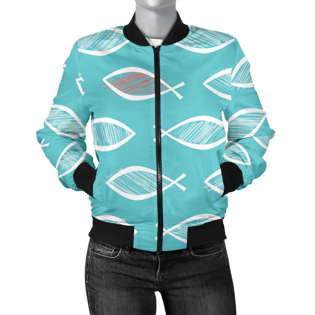 Ichthys Christian Pattern Print Women Casual Bomber Jacket-grizzshop