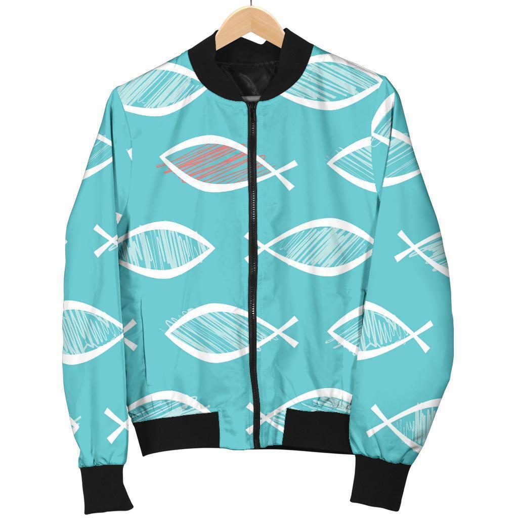 Ichthys Christian Pattern Print Women Casual Bomber Jacket-grizzshop